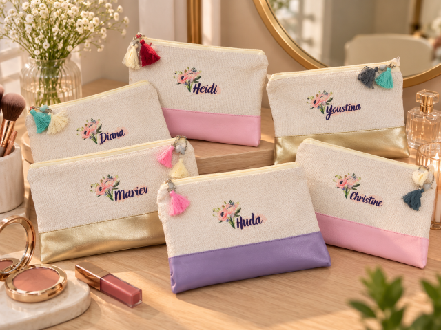 Two-Tone Linen Personalized Makeup Bags with Tassels
